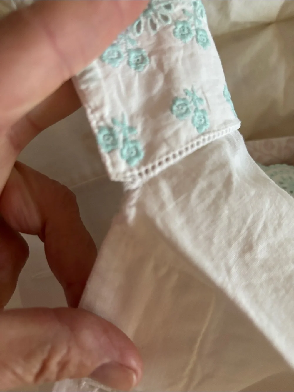 Vintage, 2 Hand Made Embroidered White Pillowcases, Light Blue Scalloped Trim
